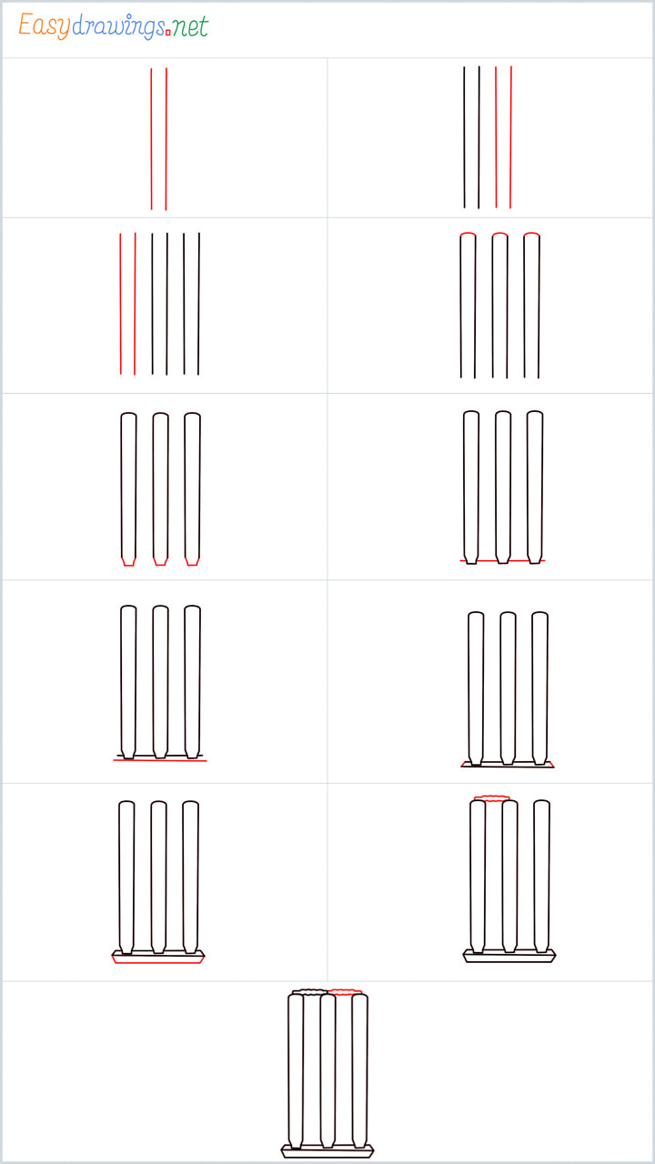 all in one steps for Cricket stumps drawing