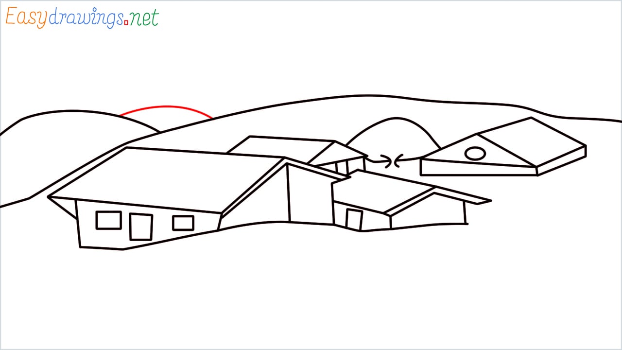 how to draw small village scenery step (14)