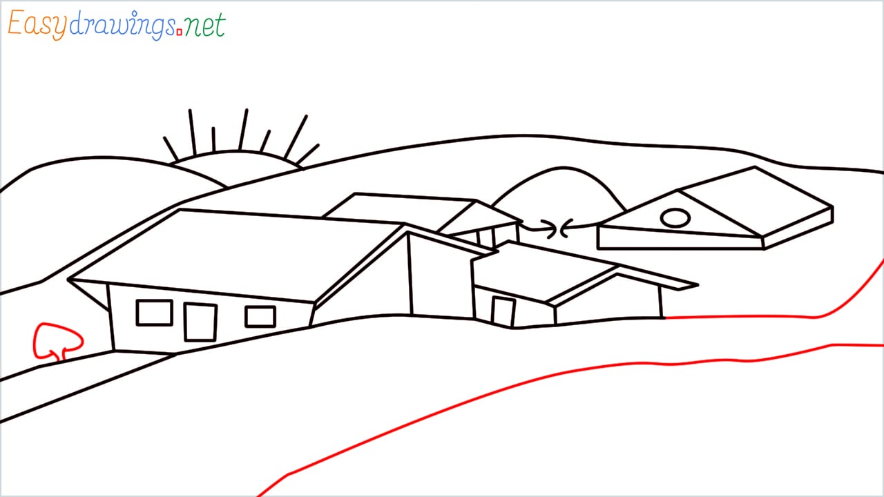 how to draw small village scenery step (16)