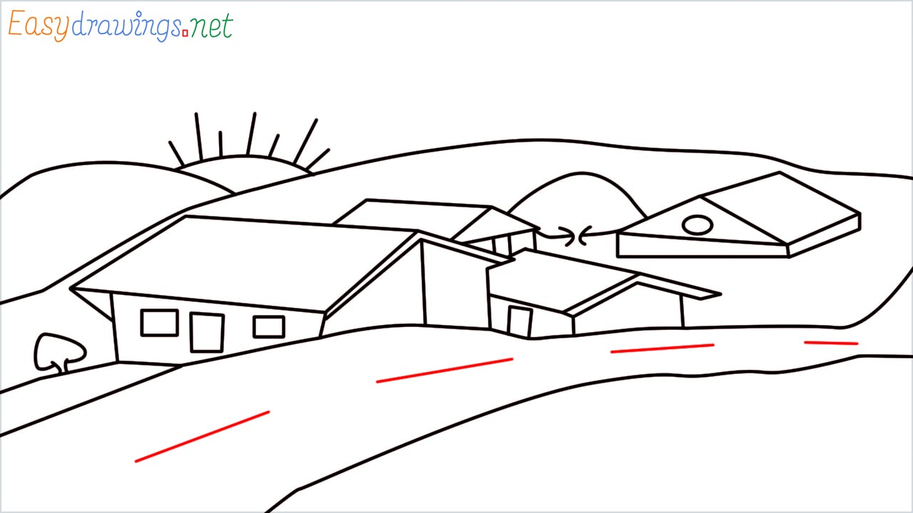 how to draw small village scenery step (17)