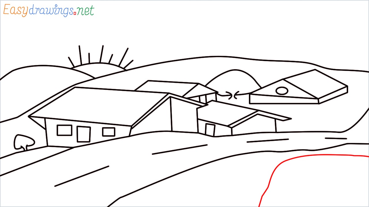 how to draw small village scenery step (18)