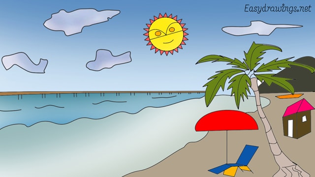 How to draw a Beach with Sun step by step for beginners
