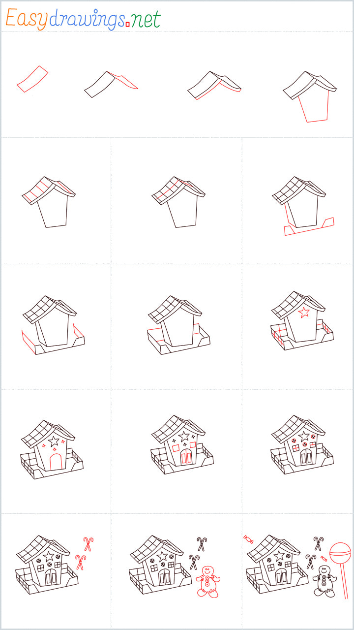 Overview Gingerbread House drawing steps