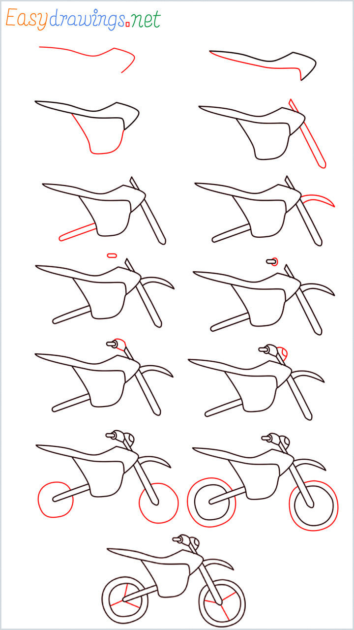 Overview all steps of Dirt bike drawing