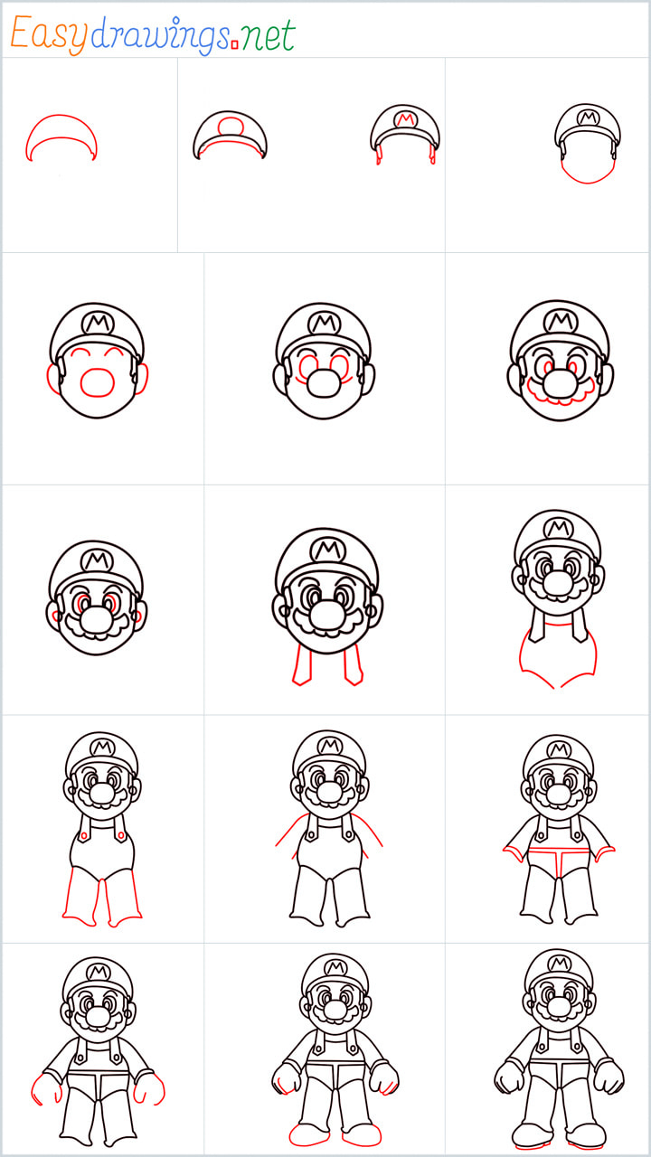 Step by Step Instructions for Super Mario drawing
