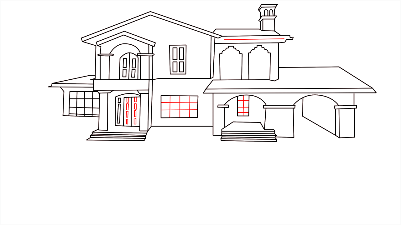 How to draw a luxury Mansion step (12)