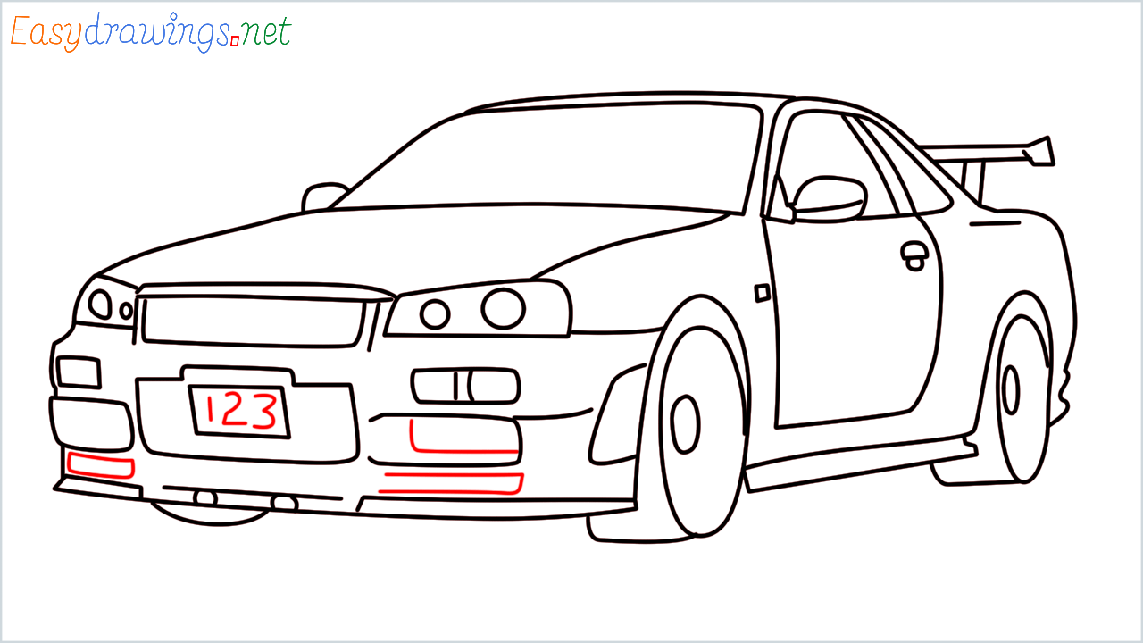 How to draw Nissan skyline R34 GT-R step (16)